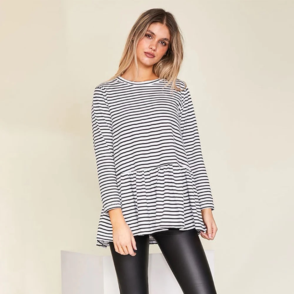 Ginger G Classic Black & White Striped Peplum 3/4 Sleeves Top Women’s Sz Medium